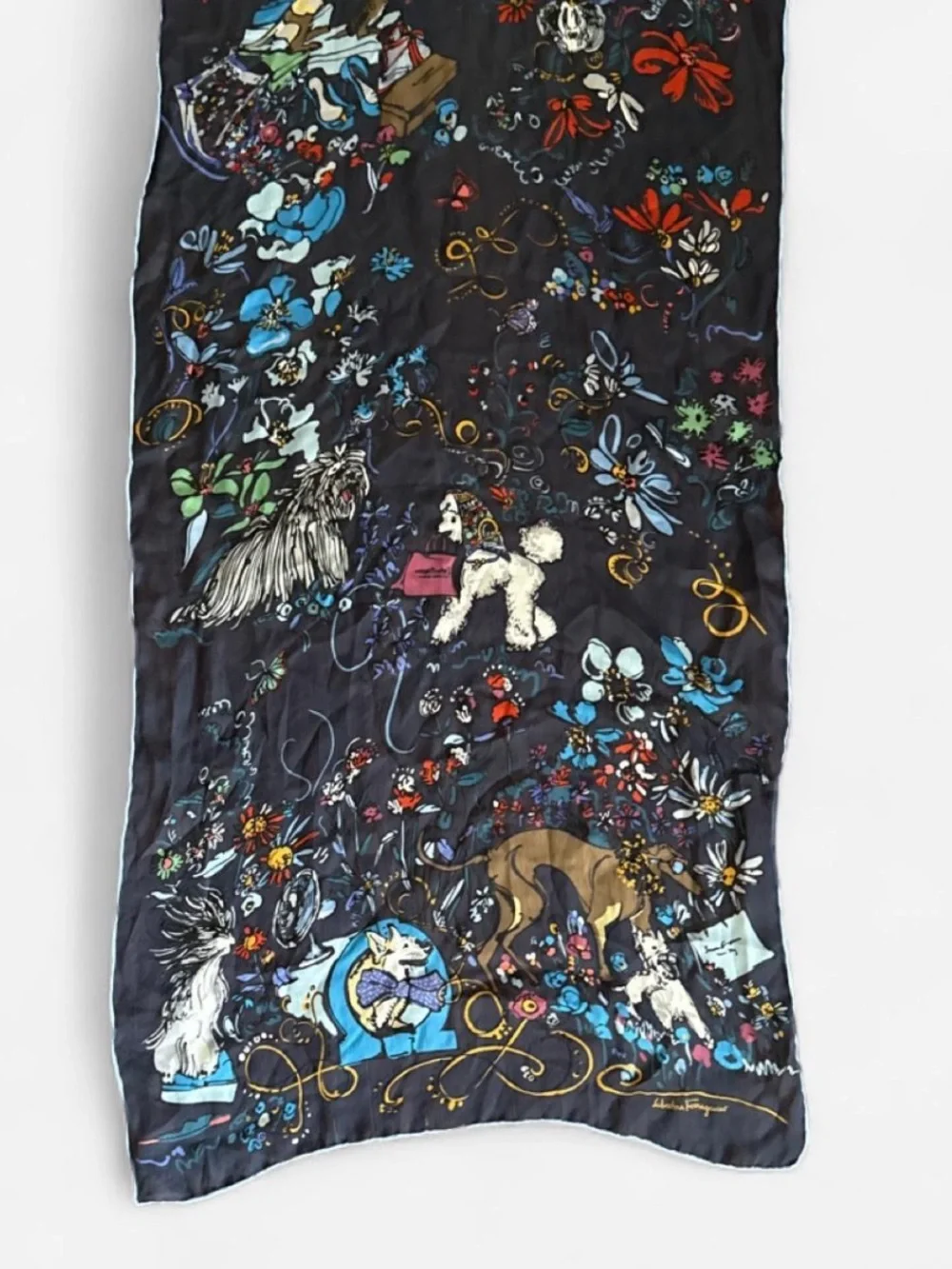 Salvatore Ferragamo silk scarf whimsical dog floral old money quiet luxury chic